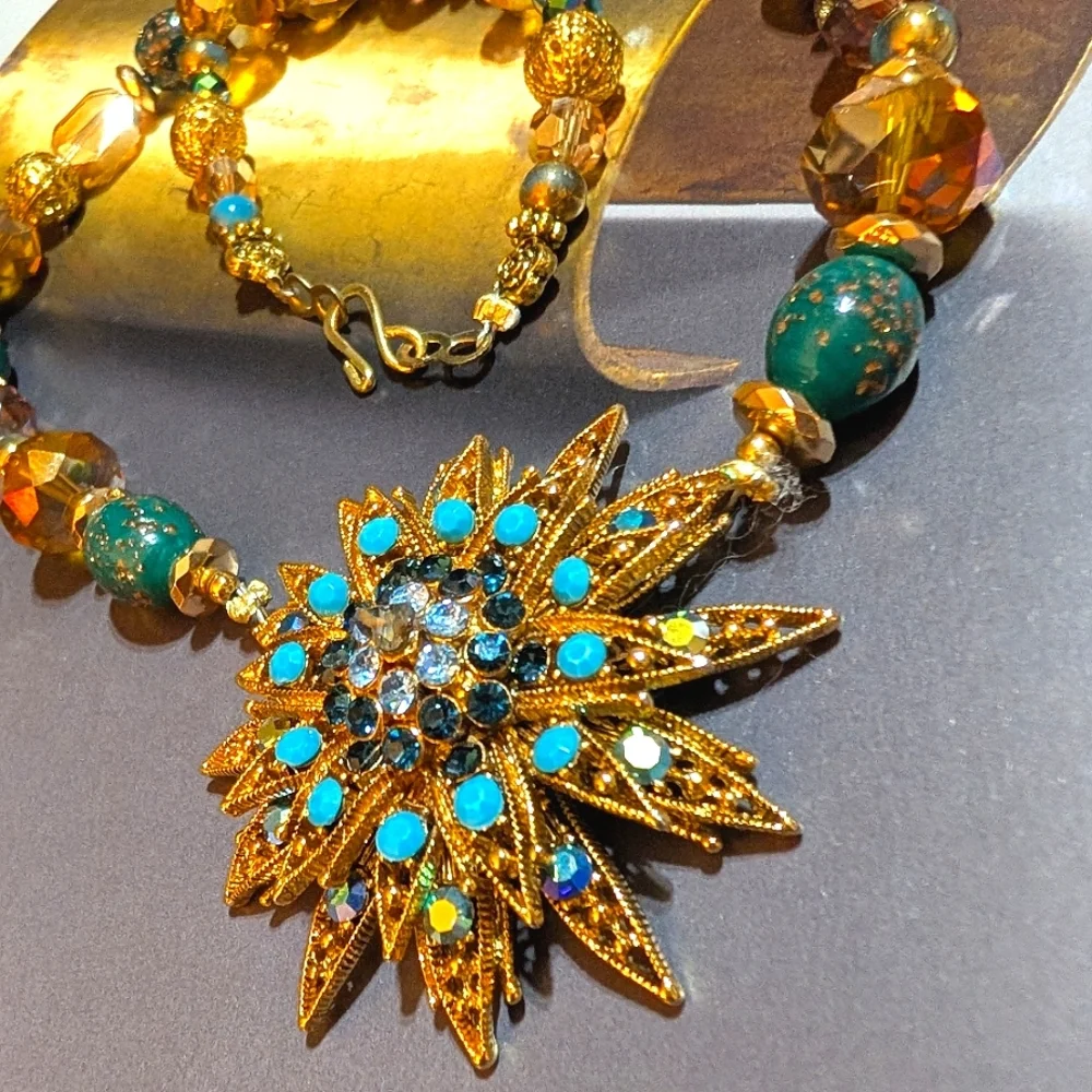 1950s Starburst Crystal, Rhinestone, Glass Beads, Necklace